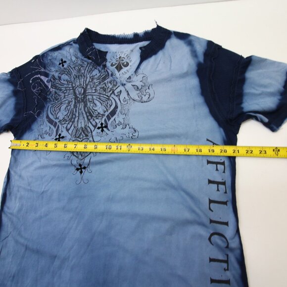 Affliction T-Shirt XL Blue Dye V Neck Ribbed Felt Detail Cross Cyber Goth Grunge - Picture 15 of 16